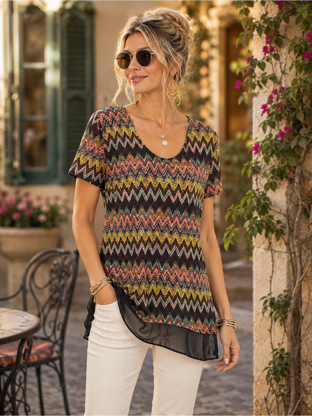 Suzie in the City Multicolor Zigzag Mesh Hem Tunic Top Size Medium Boho Boutique